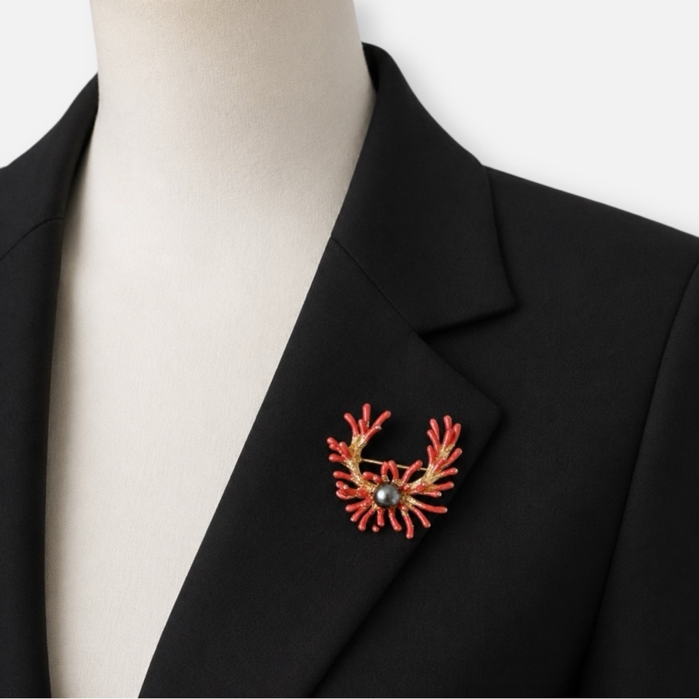 Real Pearl Brooch w/ Coral Design